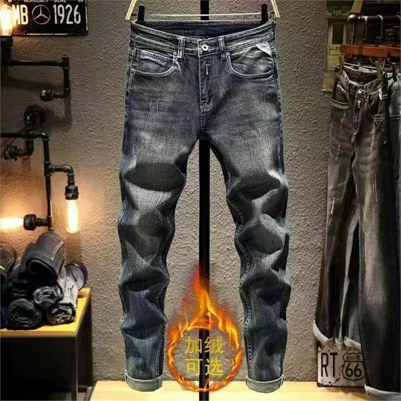 潮牌高端牛仔裤男欧美复古蓝色加绒做旧修身小脚弹力青年休闲长裤