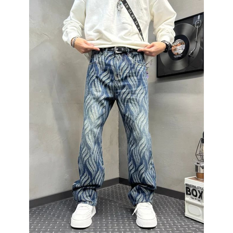痞帅宽松韩版弯刀裤提花男