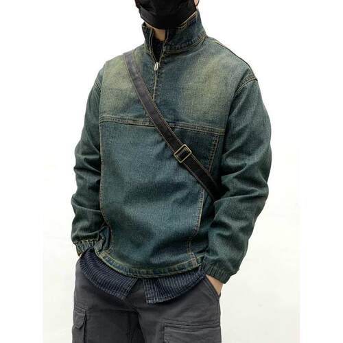 套头牛仔夹克男水洗做旧