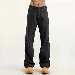 美式高街直筒牛仔裤男春季黑色直筒堆积感潮牌cleanfit休闲长裤子