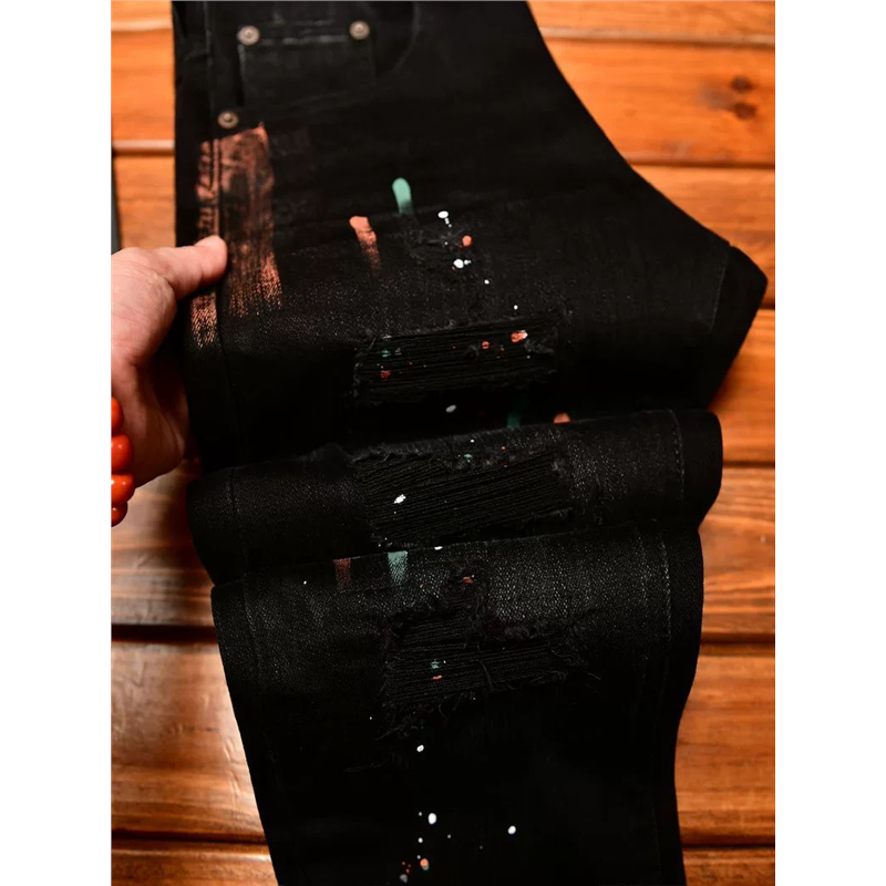 高级感黑色牛仔裤男款修身小脚裤破洞补丁痞帅弹力潮流长裤九分裤