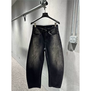 秋冬款复古泼墨黑灰弯刀阔腿牛仔裤男潮流帅气休闲宽松直筒长裤子