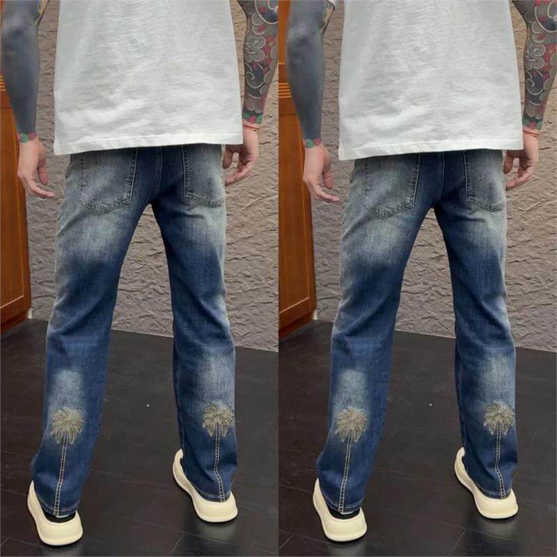 冬季新款时尚休闲百搭椰子树刺绣牛仔裤美式休闲高级感直筒裤男士