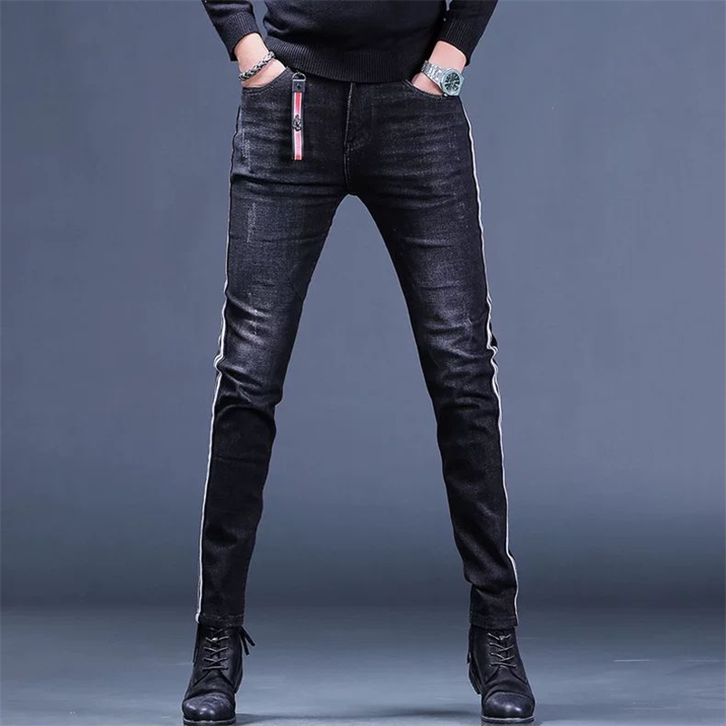 秋冬季黑色男士牛仔裤修身小脚潮流条纹休闲长裤子韩版百搭男裤潮 - 抗战二十年0663出品