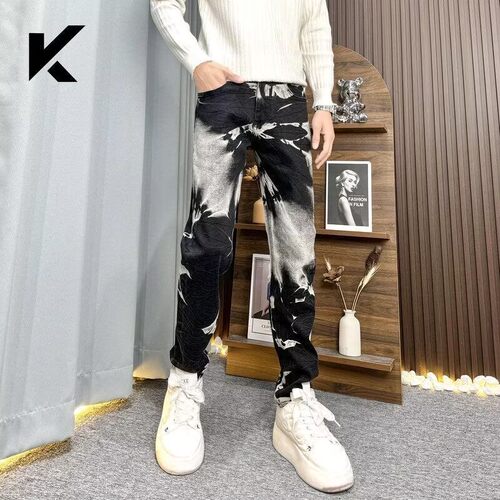 黑色水墨染牛仔裤弹力设计长裤男