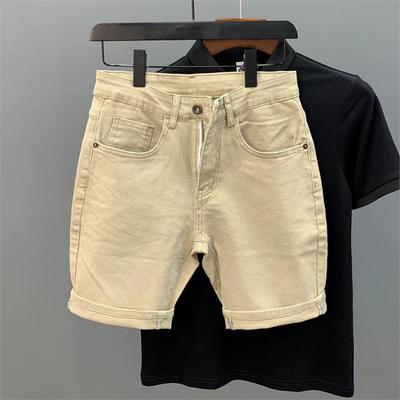 卡其色光板弹力修身牛仔短裤男士夏季新款简约百搭休闲四五分裤子