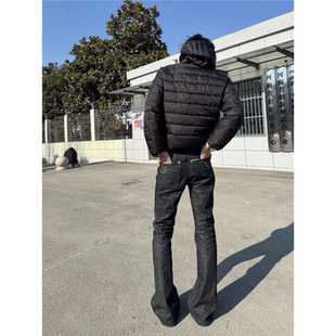 四线窄幅刺绣黑色原牛牛仔裤男款美式高街硬挺显瘦裤子直筒微喇裤