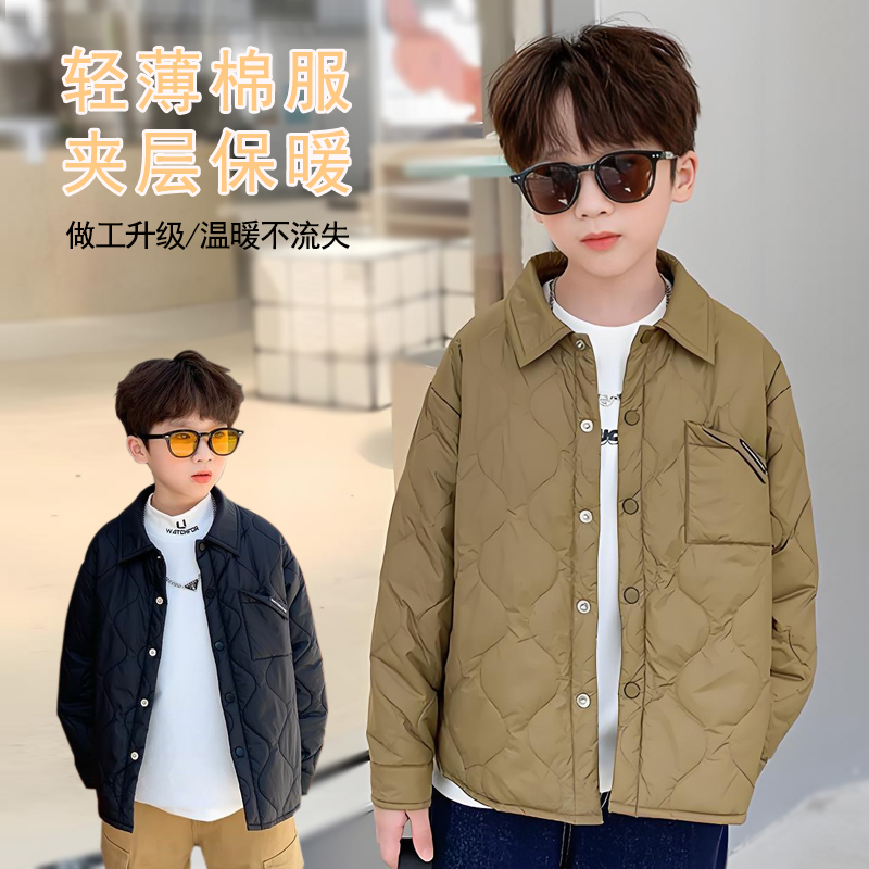 男童冬季棉服新款秋冬夹棉外套儿童轻薄棉衣纯色棉衣中小童棉服