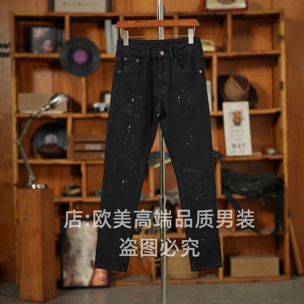 秋冬季原创美式泼墨破洞男士黑色牛仔裤修身弹力休闲潮牌百搭个性,男装,牛仔裤,淘宝优惠券,粉丝福利购,淘宝优惠卷