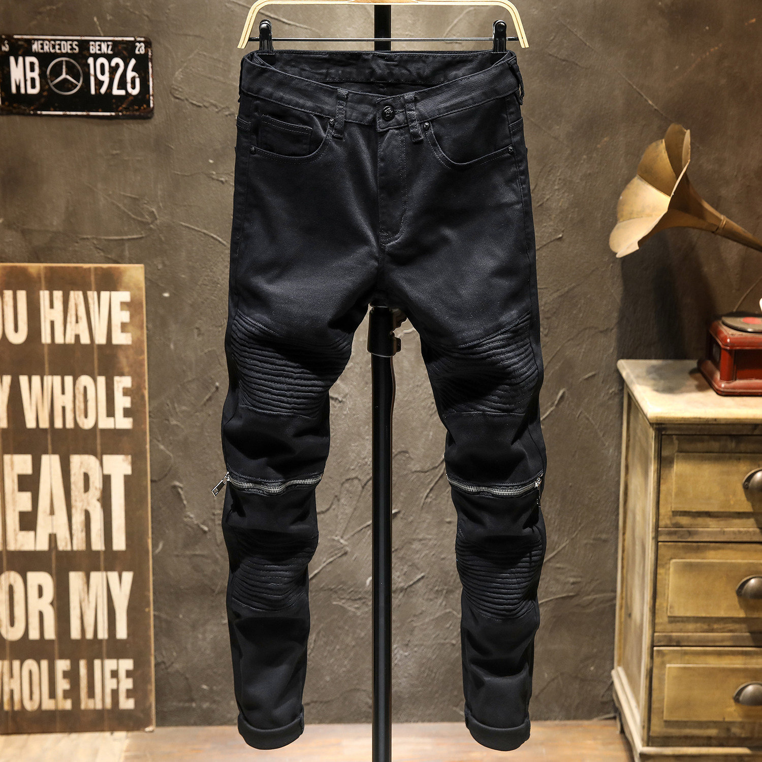 春季新款潮牌黑色拉链机车服修身小脚牛仔裤男士弹力潮牌百搭休闲