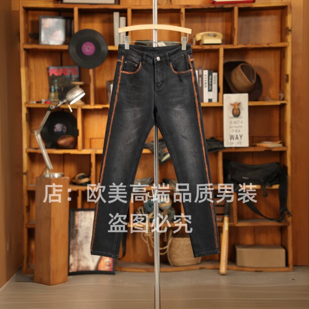 春季高端美式彩绘拼接男士黑色欧货牛仔裤修身弹力休闲个性潮牌