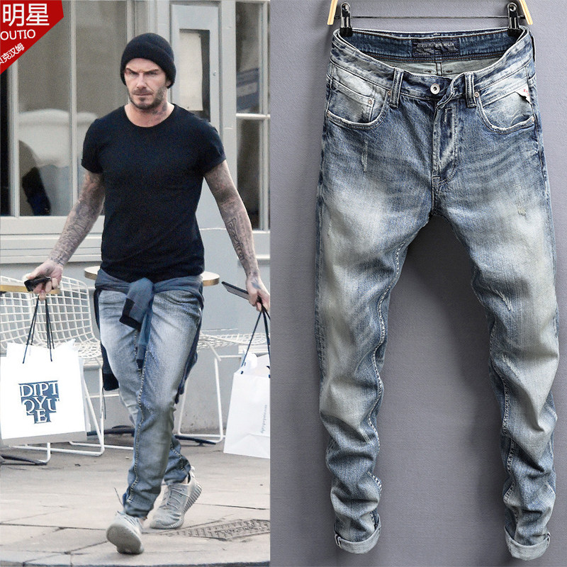 春季时尚贝克汉姆明星同款牛仔裤男浅色修身小脚水洗青年潮牌百搭