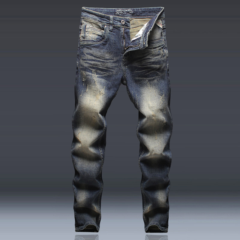 春季欧美破洞牛仔裤男刮烂修身小脚深色潮流青年做旧复古弹力美式