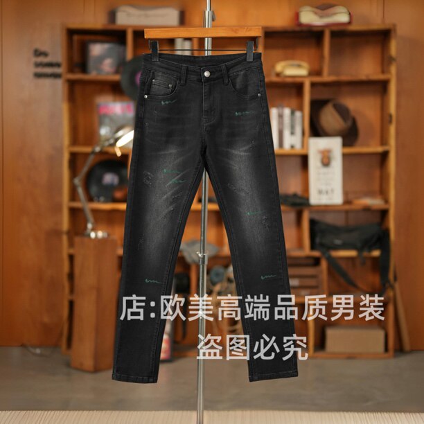 春季原创高端美式彩绘黑色男士牛仔裤修身弹力个性休闲简约潮牌