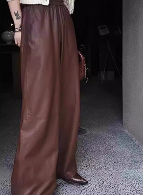 美式慵懒风！真皮植鞣绵羊皮皮裤女高腰宽松阔腿直筒裤复古拖地裤