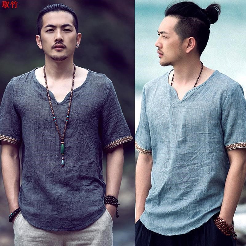 中国风男装棉麻T恤夏季宽松汉服短袖古风上衣中式复古唐装亚麻t恤