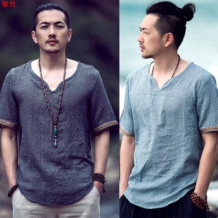 中国风男装棉麻T恤夏季宽松汉服短袖古风上衣中式复古唐装亚麻t恤