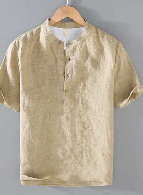 复古亚麻短袖t恤立领半袖宽松2024夏季新款棉麻休闲男士潮流上衣