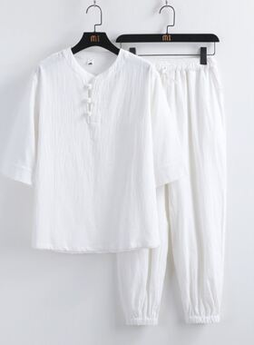 海青居士服女套装打坐白色棉麻道服佛系禅修服大码禅意中国风男装