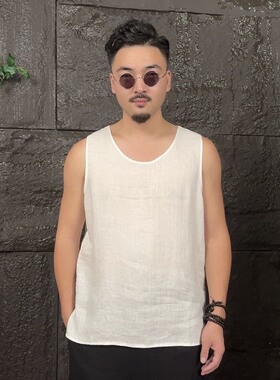 夏季男士宽松亚麻背心坎肩t恤青年潮流纯色水洗薄汗衫