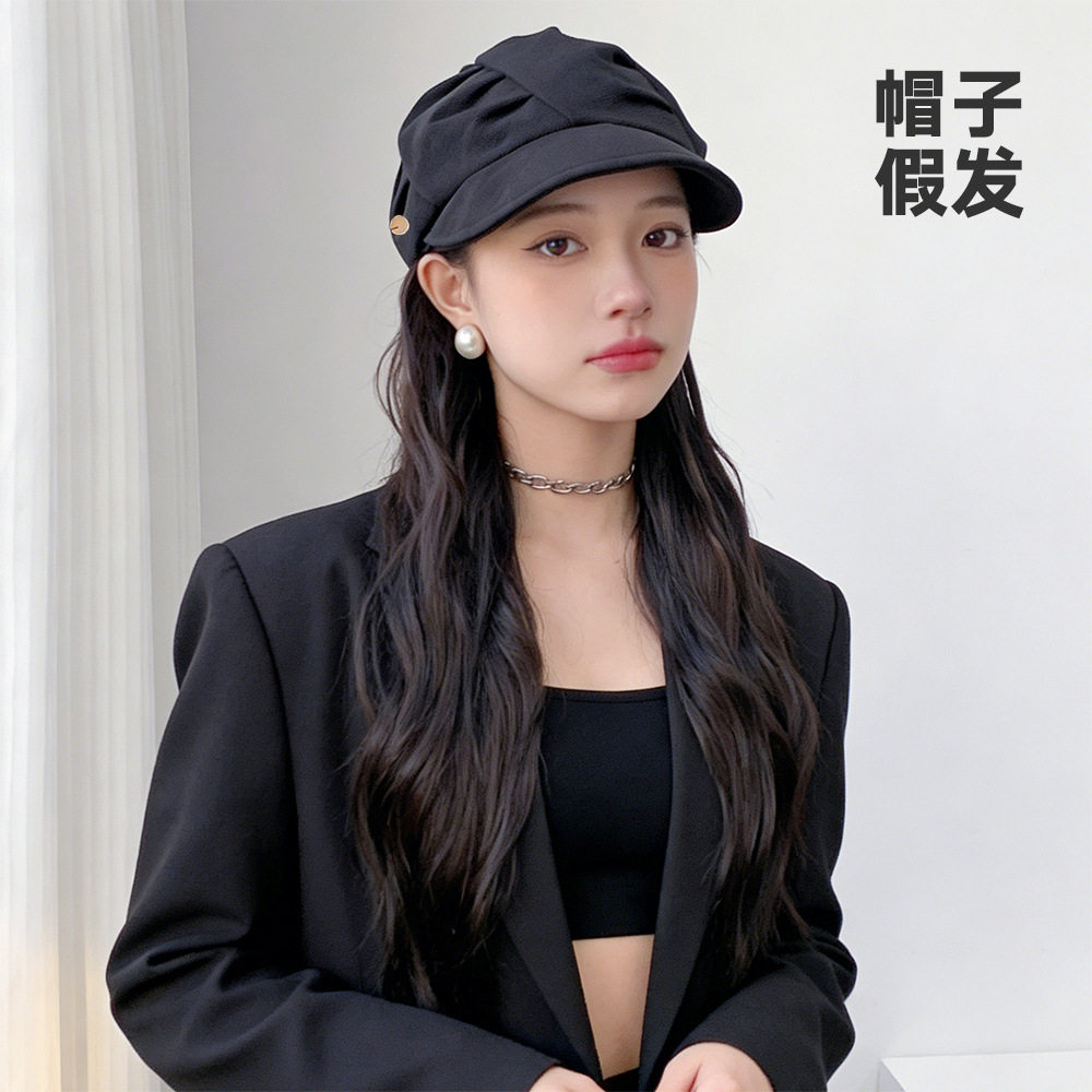 假发帽子一体式贝雷帽长卷发2026新款八角帽加宽帽檐时尚全头套