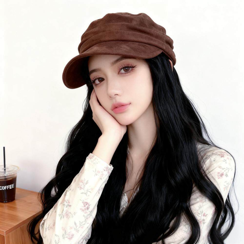 抖音新款帽子假发女长卷发一体复古贝雷帽带头发仿真头套厂家现货
