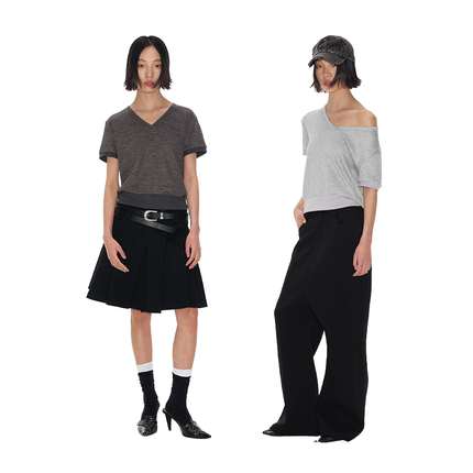 JCAESAR TEE V领拉筒短袖 花色肌理格面料撞色螺纹 大V领修饰线条