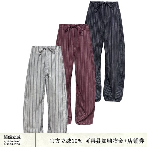 JCAESAR PANTS 条纹打褶系带长裤 间色条纹棉麻质感 微弯刀休闲裤