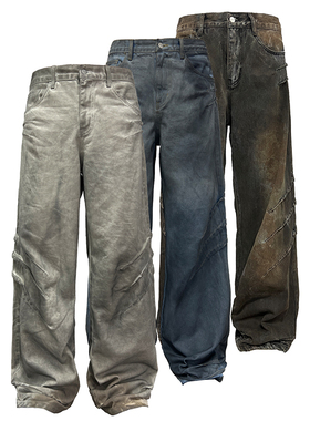 JCAESAR Scratched jeans 小众设计感抓痕脏洗釉质牛仔裤 ykk拉链