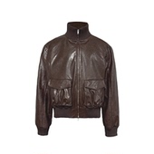 双开拉链 JCAESAR 短宽 抽褶短皮夹克 油蜡皮 LEATHER JACKET