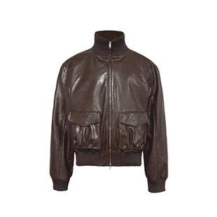 LEATHER 双开拉链 JACKET 油蜡皮 短宽 抽褶短皮夹克 JCAESAR