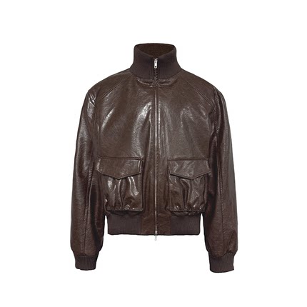 JCAESAR LEATHER JACKET 抽褶短皮夹克 油蜡皮 双开拉链 短宽