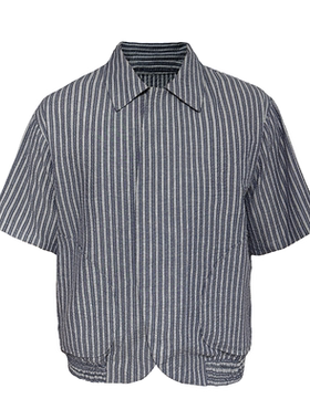JCAESAR SHIRT 泡泡褶弯弧打揽衬衫 暗蓝色条纹 褶皱肌理 暗门襟