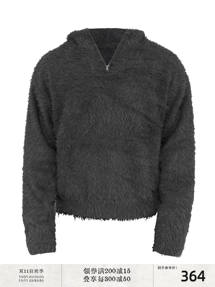 JCAESAR MINK HAIR SWEATER 남성용 다크 그레이 하프 지퍼 후드 스웨터 피부 친화적이고 보풀이 없음