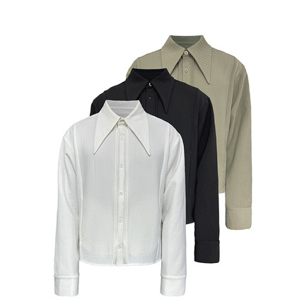 JCAESAR SHARP SHIRT 尖领衬衫 竖条纹褶皱肌理面料 优雅活页门襟