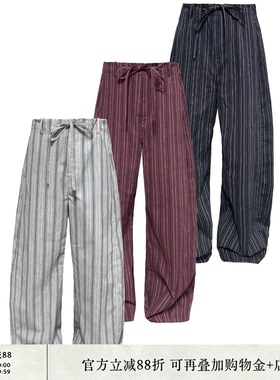 JCAESAR PANTS 条纹打褶系带长裤 间色条纹棉麻质感 微弯刀休闲裤
