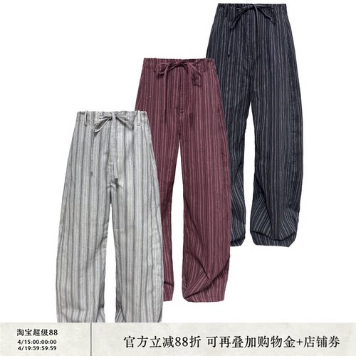 JCAESAR PANTS 条纹打褶系带长裤 间色条纹棉麻质感 微弯刀休闲裤