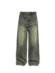 Jcaesar Denims Ash Green Jeans, Natural Whiskered Distressed, Hand-Rubbed Color, 13oz Straight-Leg Pants