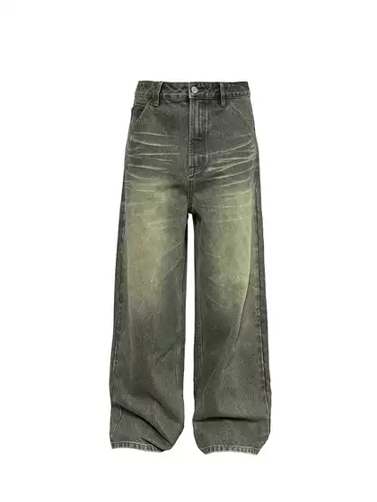 Jcaesar Denims Ash Green Jeans, Natural Whiskered Distressed, Hand-Rubbed Color, 13oz Straight-Leg Pants