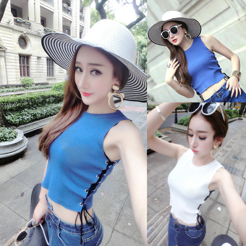 无袖针织露脐装短款上衣女夏秋紧身漏肚脐背心露肚脐高腰衣服性感
