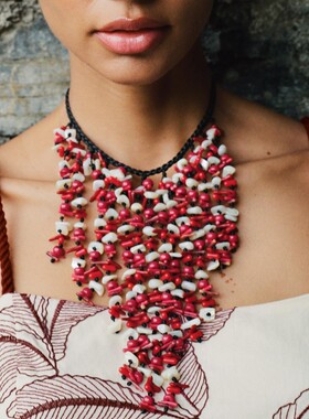 欧美夸张大牌手工编织长款红色吊坠沙滩项链度假锁骨链夸张拍照