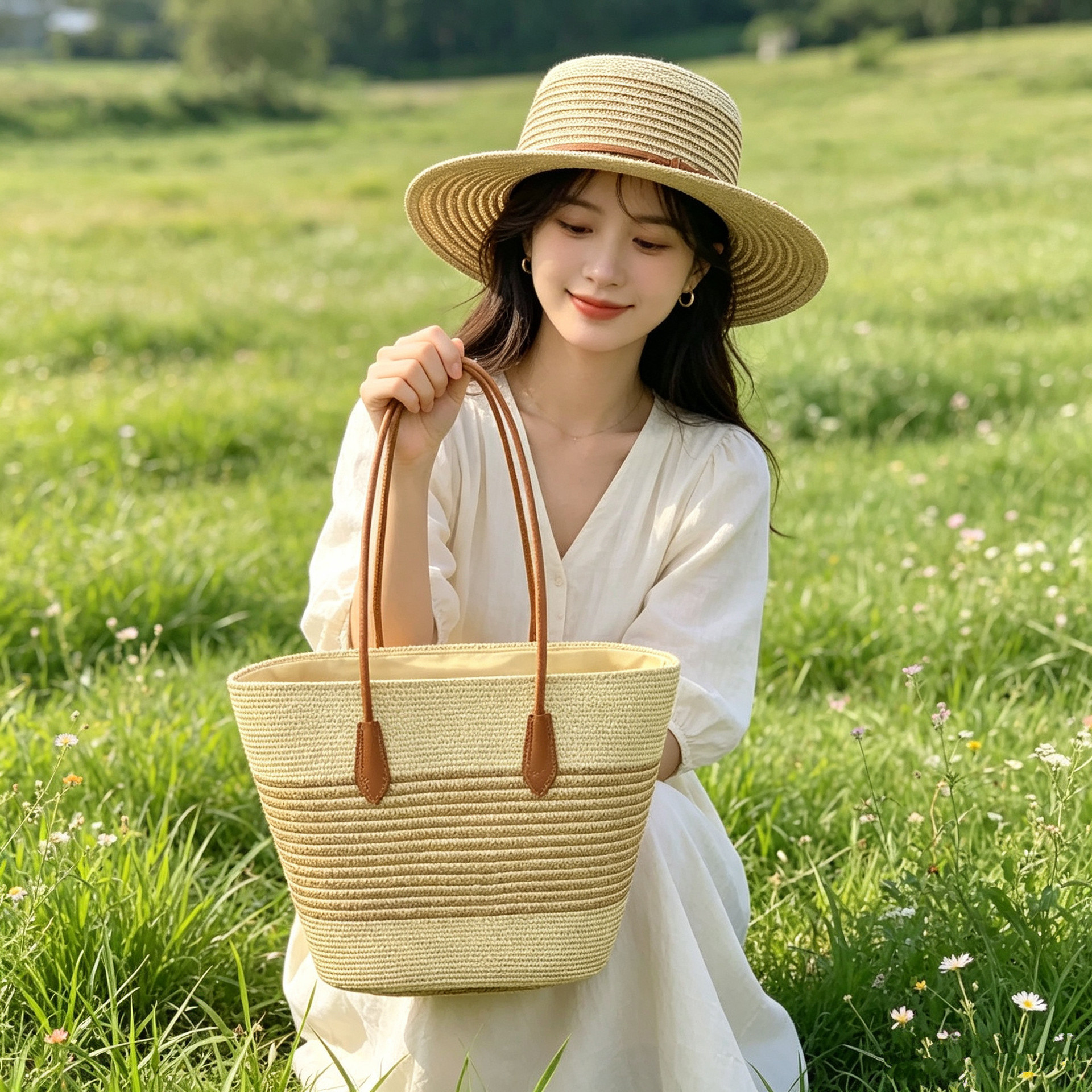 包包帽子套装时尚气质皮带平顶草帽女夏季新款简约礼帽沙滩帽户外