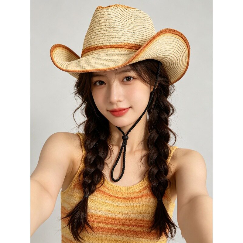 美式复古渐变牛仔草帽女夏季宽檐防晒帽出游拍照显脸小草编帽子男