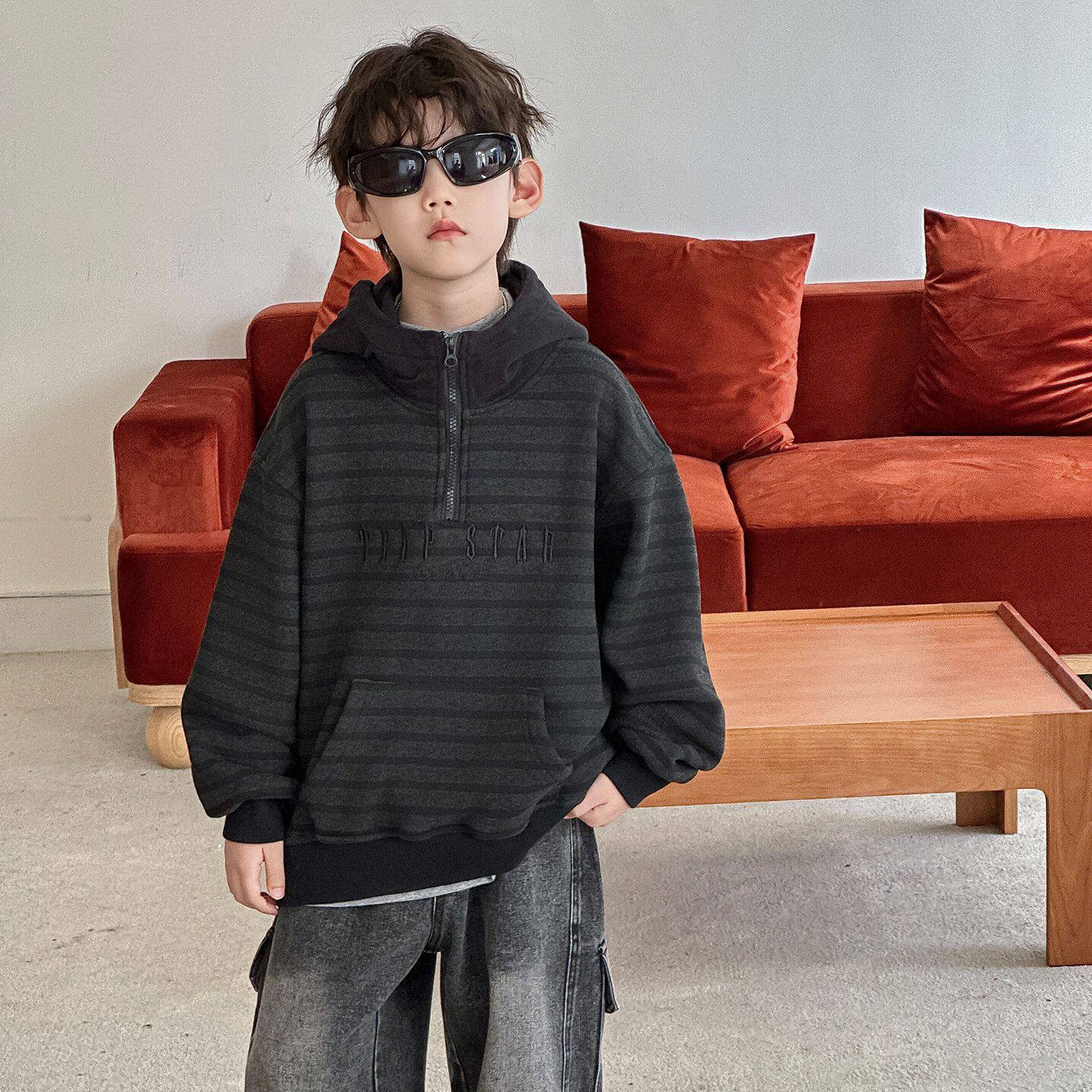 男童卫衣儿童深秋韩版2025新款连帽条纹加绒上衣秋季潮酷运动