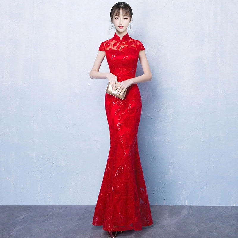 长款鱼尾蕾丝改良旗袍2026新款夏红色结婚敬酒服性感修身显瘦礼服