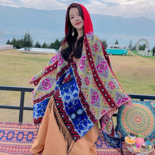 民族风几何图案披肩带帽子斗篷波西米亚风图腾保暖防风旅游围巾