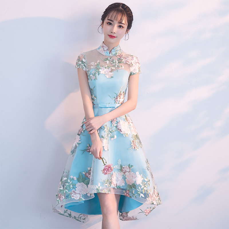 改良旗袍2025新款中式前短后长连衣裙女小晚礼服短款宴会日常跨境