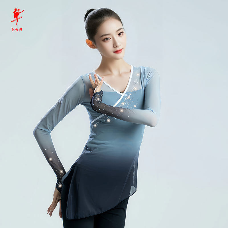 红舞鞋民族民间舞古典身韵舞蹈服女练功服纱衣演出长袖上衣瑜伽