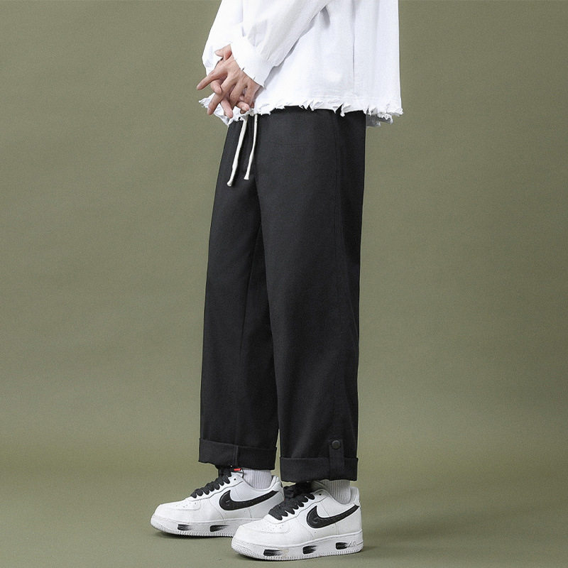 裤子男夏季纯棉休闲裤宽松直筒青少年简约纯色长裤男水洗松紧卫裤