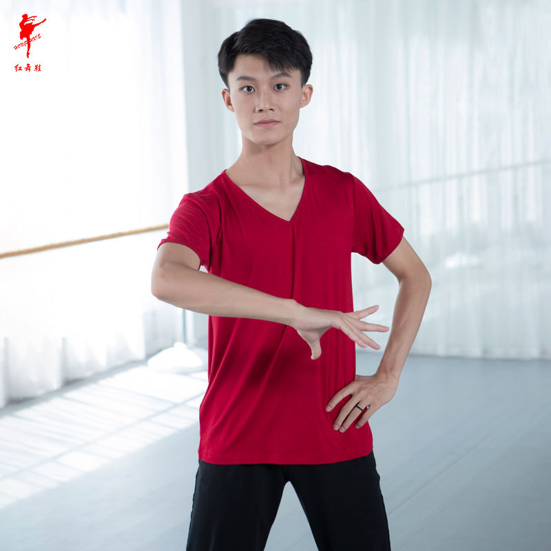 红舞鞋丝光棉前V鸡翼袖舞蹈上衣男现代舞蹈练功服健身运动表演T恤